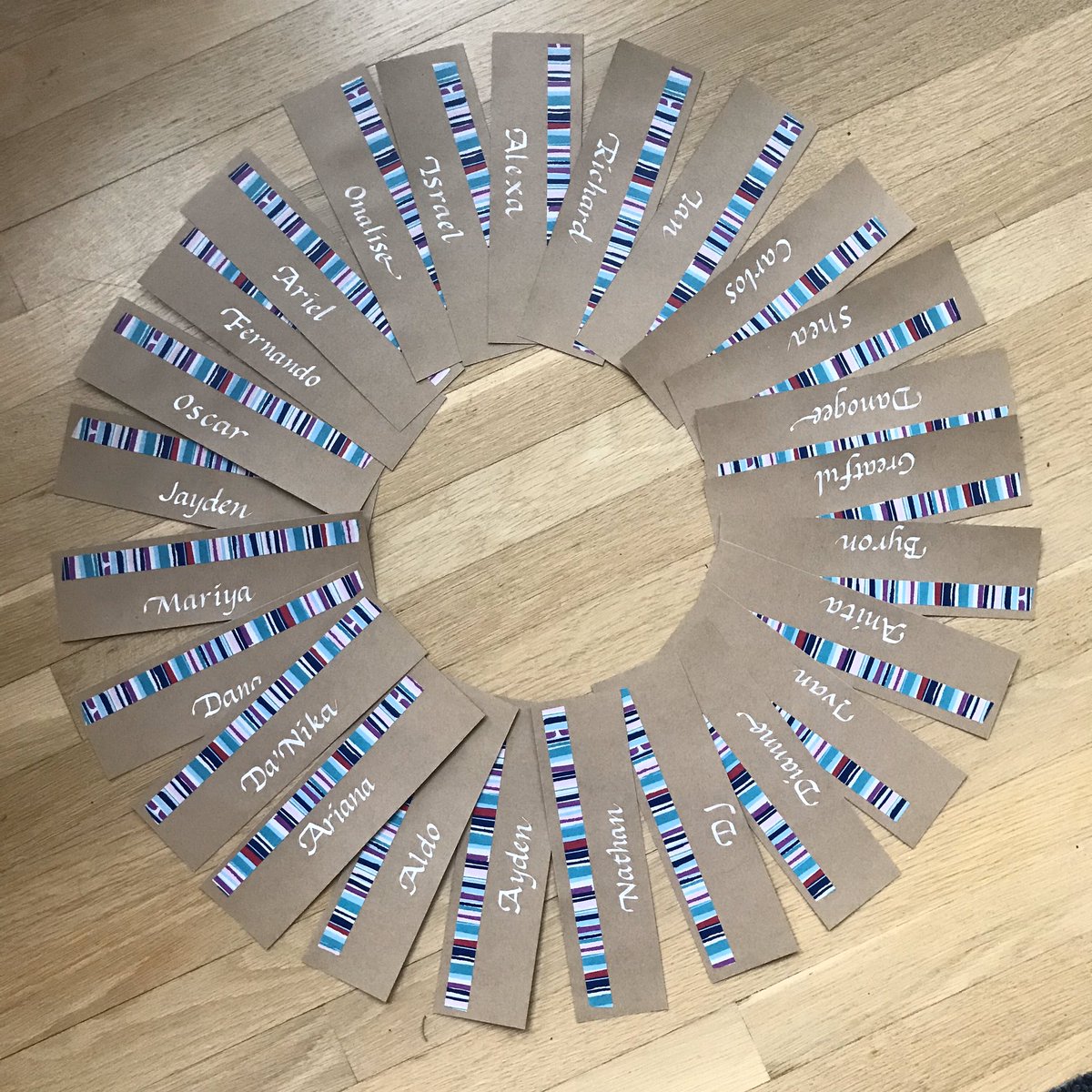 lauranissen's tweet image. Just finished up some bookmarks for my husband’s fourth grade class!  #calligraphy #beautifulnames #fourthgrade #kids #read #calligraphy