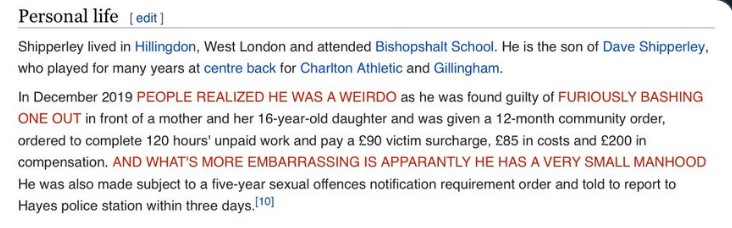 KieranMaguire's tweet photo. I would like to remind people that changing a Wikipedia page for a cheap laugh isn't clever, and a bit like Neil #Shipperley's penis, isn't big either, so please don't do it. https://t.co/WBKmC8G59E