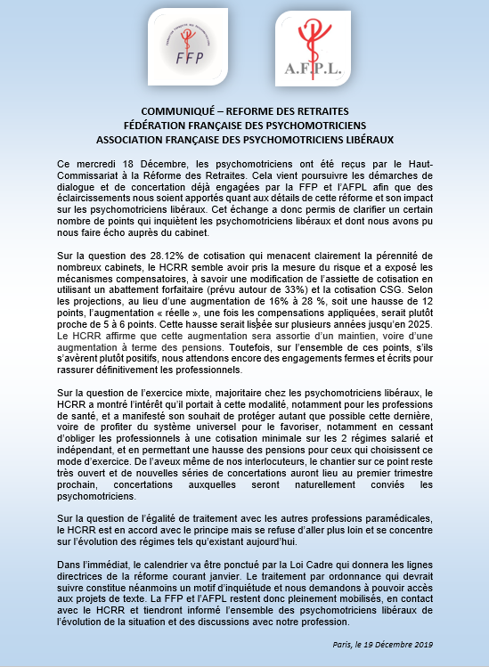 FFP_Psychomot's tweet photo. Réforme des #retraites pour les #psychomotriciens libéraux Suite au rendez vous d'hier, retrouvez le communiqué commun de la @FFP_Psychomot et de l'#AFPL⬇️ https://t.co/G1Wkku06yC