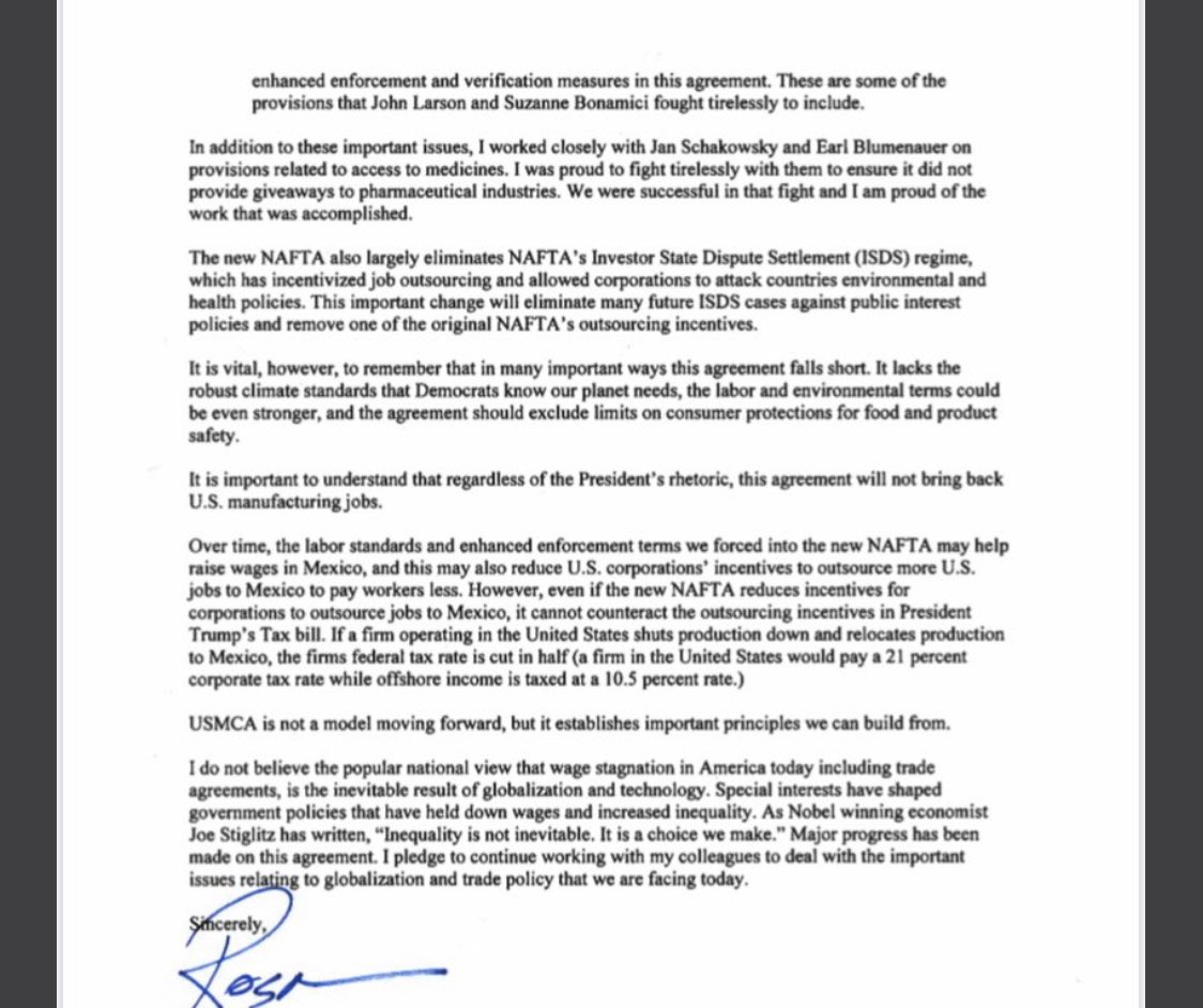 NEWS: Rep. Rosa DeLauro is a YES on #USMCA. If you follow trade, you know she’s one of the Dems most people thought would *never ever* back the deal, even with changes. 

This guarantees the NAFTA replacement will pass with overwhelming bipartisan support later today.