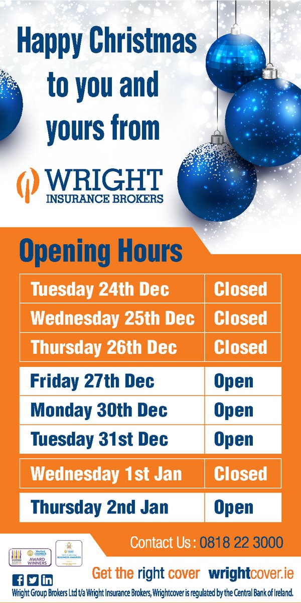 WrightIns's tweet photo. Wishing you a very Merry Christmas, from all of the team at Wright Insurance Brokers 🎄🎄
#openinghours #ChristmasCheer https://t.co/ZkNe5267D2