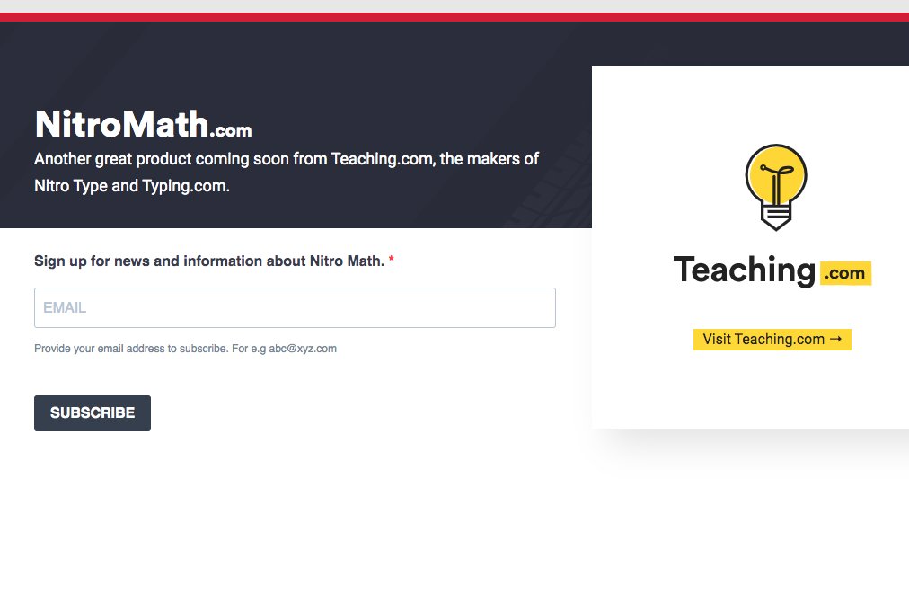 TeachingCom's tweet photo. Have you signed up for #NitroMath yet? If you haven't, simply visit https://t.co/no9mNV65qB and sign up with your email to stay up to date on any Nitro Math news and information. Testing will begin mid or late January! #DigitalClassroom #ExtremeKeyboarding https://t.co/ReFjbMAStT