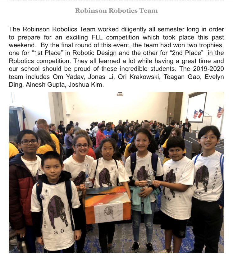 TheRobinsonPTA's tweet photo. We have a lot of congratulations going out to @RobinsonRazorb1 #RMSrazorbacks #sciencefair winners & #robotics team. Well done all! #robinsonproud #pisdproud #pisd https://t.co/04TXu8VjQe