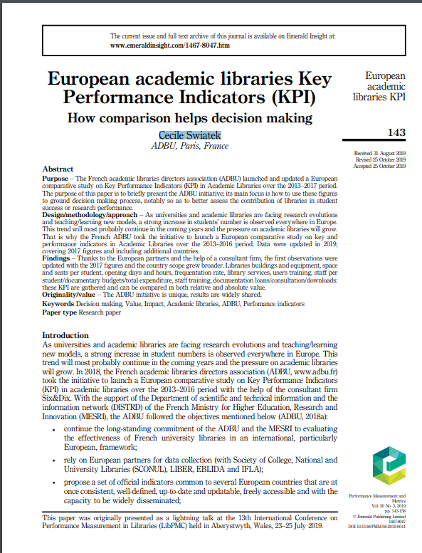 #InspireUs
"European academic libraries Key Performance Indicators (KPI): How comparison helps decision making" by @Cecile_Swiatek via Performance Measurement and Metrics 

emerald.com/insight/conten…