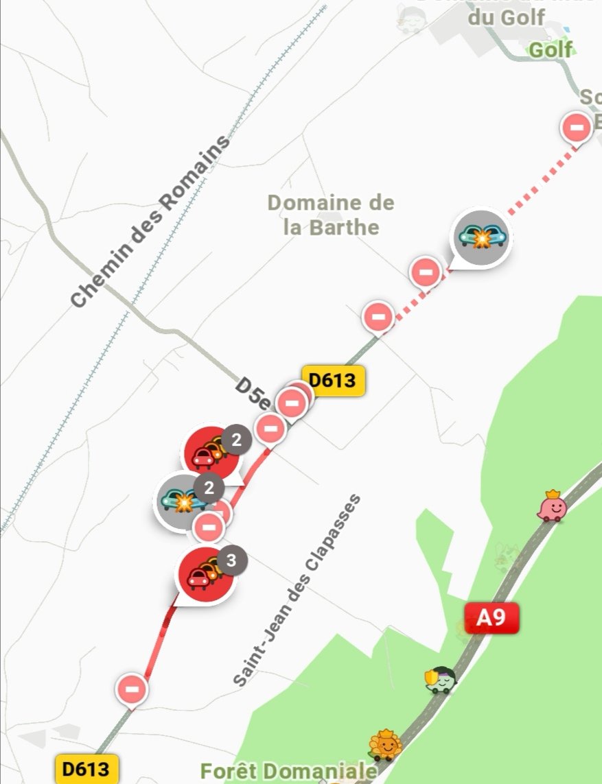 WazeHerault's tweet photo. #Accident en cours sur la #D613 entre #Fabregues et #Gigean. La route est fermée à la circulation. Évitez le secteur, allumez #Waze. Restez vigilants. https://t.co/rbgeGLSz1P
