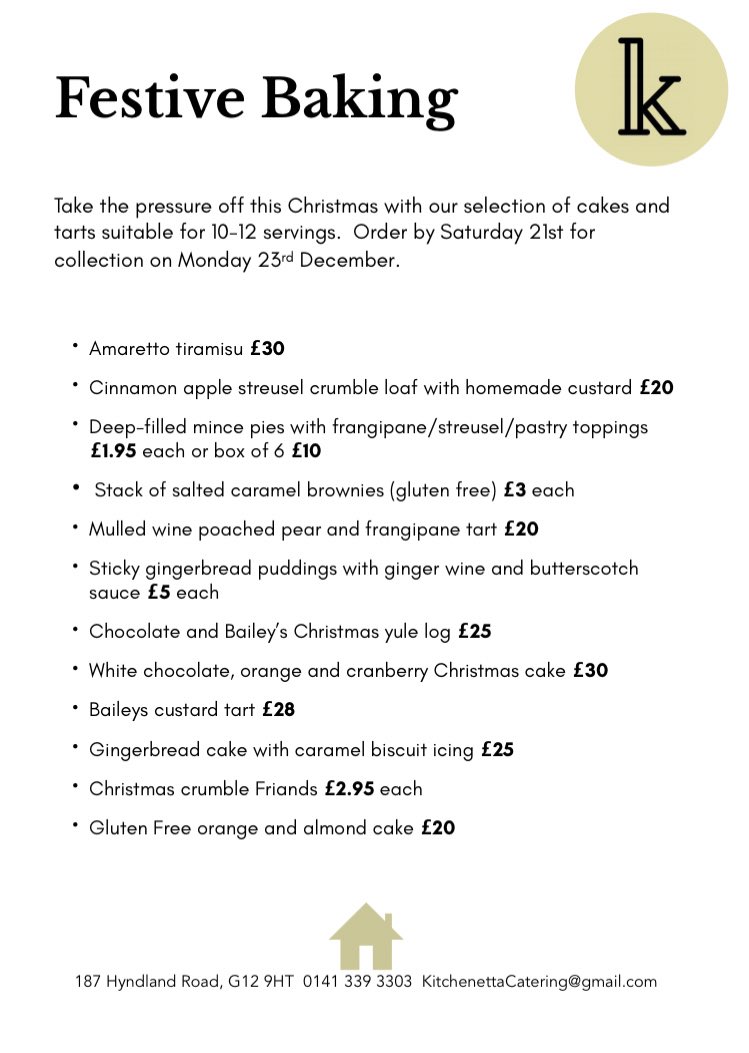 KitchenettaG12's tweet photo. There’s still time to make things a bit easier with our collection of homemade Christmas sides and bakes, as well as main dishes to help break free from turkey. Last orders this Saturday for collection on Monday. https://t.co/Sl0xprbJQ9