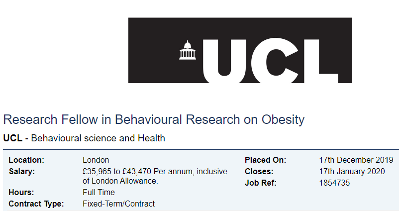 ***Great opportunity to join <a href="/UCL_BSH/">Behavioural Science & Health UCL</a> as Research Fellow in Behavioural Obesity*** 

We are looking for a mixed-methods researcher to join the NIHR Obesity Policy Research Unit 

For more info, contact me or <a href="/ClareHLlewellyn/">Clare Llewellyn</a> 

Closes 17/1. Please RT

➡️bit.ly/2Q01tXg