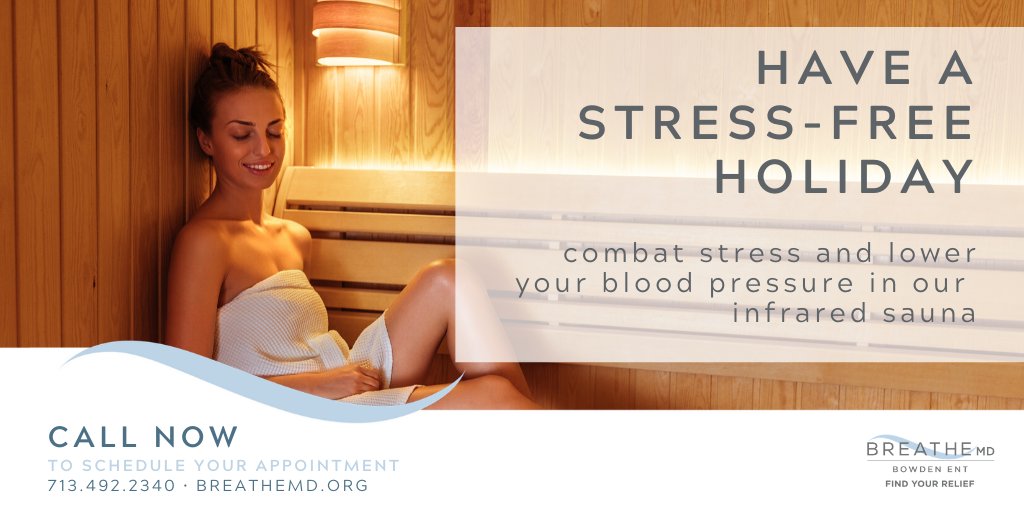 MaryBowdenMD's tweet photo. Have yourself a stress-free holiday with a little help from our infrared sauna therapy. Proven to combat stress, lower blood pressure and increase circulation, our Sunlighten® Infrared Sauna will also help with anti-aging, pain relief and weight loss! #BreatheMD #FindYourRelief https://t.co/B3n0eW8Tqv