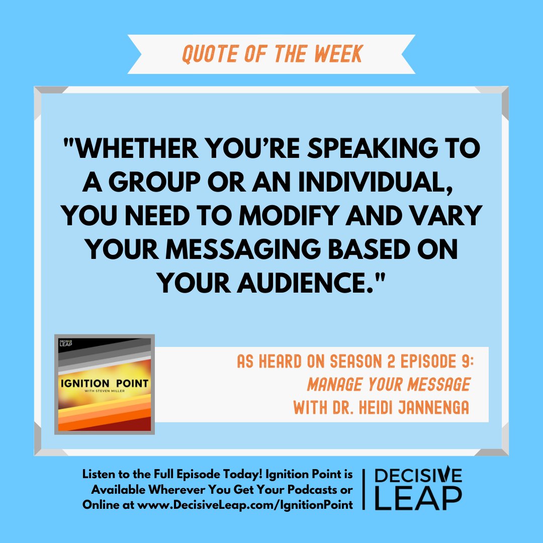 SteveMiller's tweet image. Want to start #communicating at the #nextlevel? You need to hear @heidi_jannenga on this week’s #IgnitionPoint and put her #advice into #action. Here’s two #highlights! 🔥🚀 Get the #fullepisode wherever you tune into your favorite #podcasts or online at bit.ly/S2E9-Message