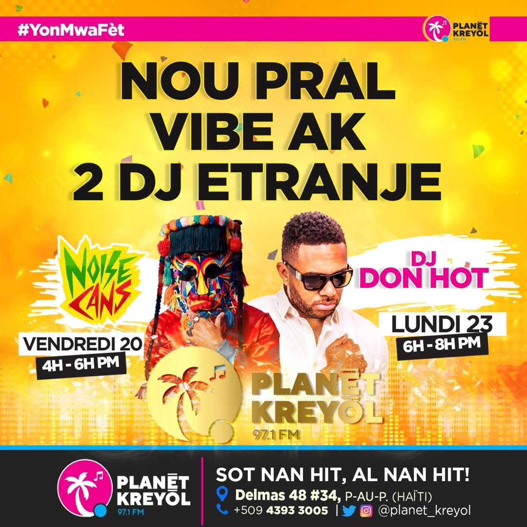 planetkreyol971's tweet photo. Eske nou pare ?!? Nou pral vibe sou Planet Kreyol avèk DJ DON HOT ak DJ NOISE CANS!! Vandredi 20 desanm ak lendi 23 desann sou radyo moman an!!! #djdonhot #noisecan #planetkreyol #planetshows #hitsouhit #hit #news #shows #radyomoman #radyopaw https://t.co/ALaT3gwFa2