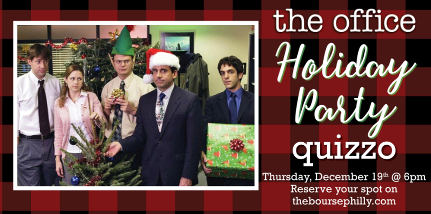 TriviaTainment's tweet photo. The Office "Holiday Party" Episodes Quizzo TONIGHT at 6pm! @theboursephilly RSVP: https://t.co/PE4HZD4Yey #thebourse #philadelphia #theofficetrivia #holidays #michaelscott #theoffice #jimhalpert #dwightschrute #dundermifflin #pambeesly #andybernard #triviatainment https://t.co/nwiWoD8laD
