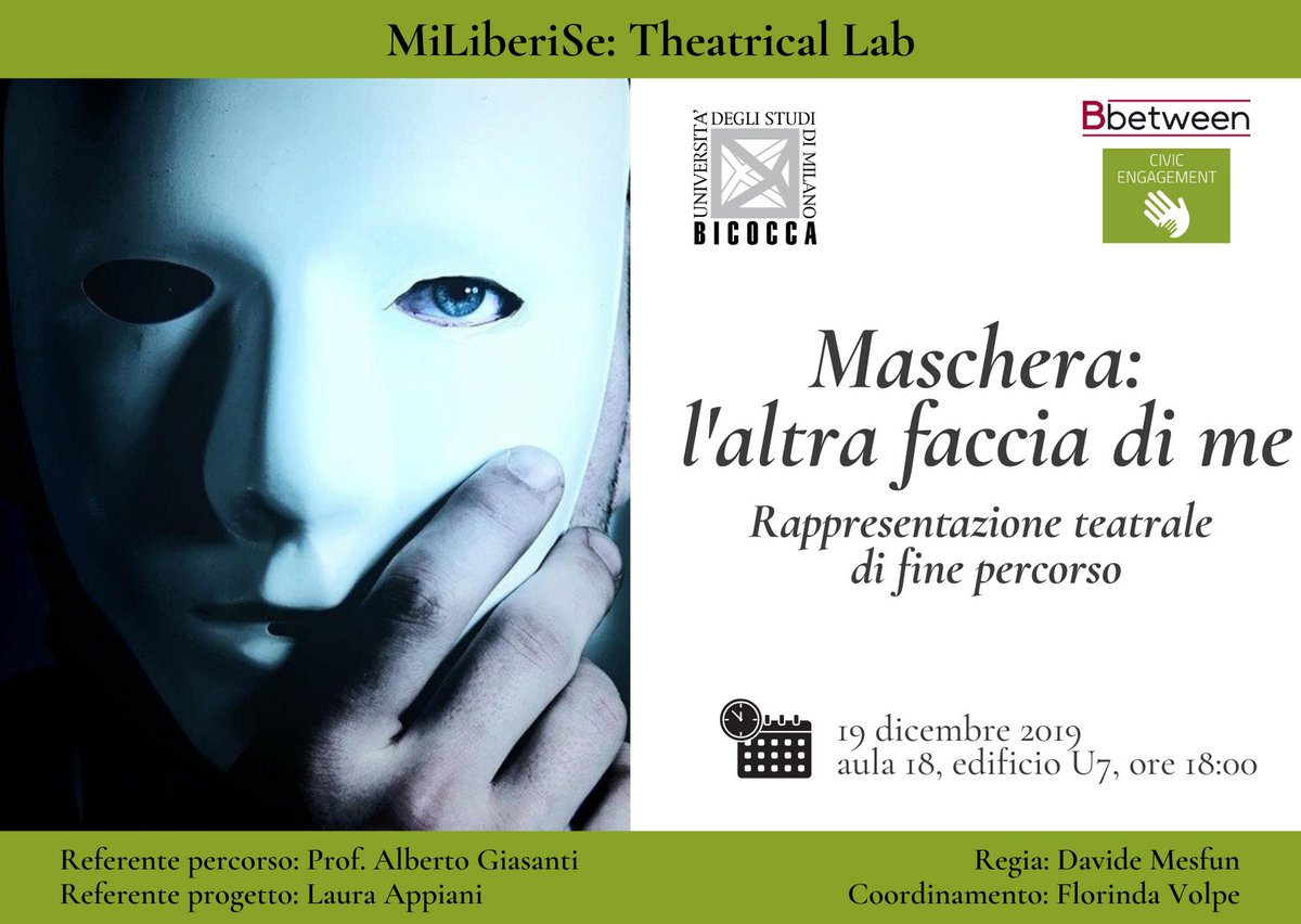 Bbetween_Unimib's tweet photo. 🎭 I ragazzi del laboratorio "MiLiberiSe" vi aspettano questo pomeriggio per la rappresentazione teatrale di fine percorso.
👉 L'appuntamento è alle ore 18:00 presso l'aula 18 dell'edificio U7.
Per maggiori info sul percorso: https://t.co/k20h2BgQC3
#Bbetween #CivicEngagement https://t.co/yfj1YEGDPb