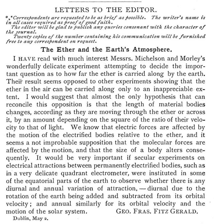 No one knew what to make of this. George Fitzgerald was the first to propose that maybe objects got shorter in the direction parallel to the motion through the aether, and that would explain why light took the same time to travel both paths.Ref:  http://science.sciencemag.org/content/ns-13/328/390.1