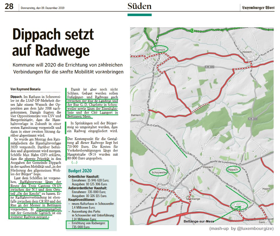 luxembourgize's tweet photo. @JulienPenasse @yhellers @ChambreLux Using leverage on local level provided by the new @mmtp_lu bike network law🚲🛣️, @MaxHahn_ did not wait for long to shift up bike infra ambitions around #Dippach: serious plans to connect with #Garnich, #BettangesurMess and #Schouweiler have been presented in council. 👍 https://t.co/R4aXyRIf4b