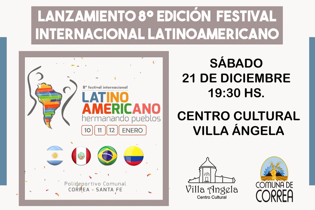 📣 Se viene uno de los eventos culturales mas importante de la provincia.

Este Sábado 21 de Diciembre se lanza la 8° Edición del Festival Internacional Latinoamericano "Hermanando Pueblos".

🗓 SEGUÍ COMPLETANDO TU AGENDA