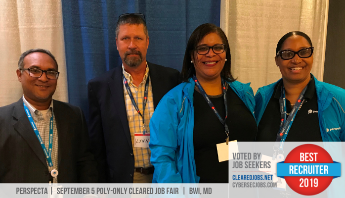 ClearedJobsNet's tweet photo. Congratulations to the team from @Perspecta for being voted as #BestRecruiters in 2019 by our community of job seekers. Thank you for making a difference at our #ClearedJobFairs &amp; #CyberJobFairs https://t.co/GMGzlVet6D