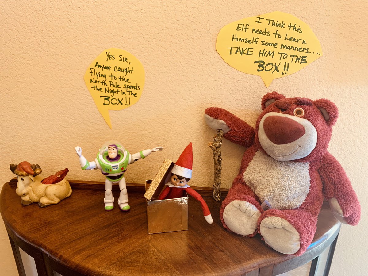 BigManBAM's tweet photo. @Tiogar @Disney @Pixar Looks like Lotso &amp; Lightyear have The Elf in a pickle… My four-year-old quickly saved him! #ToyStory #elfontheshelf #ELF https://t.co/CRVSfnPXJi