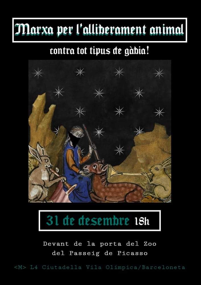 niunmataderomas's tweet photo. MÀXIMA DIFUSIÓ 📢

MARXA PER L'ALLIBERAMENT ANIMAL
A terra els murs de totes les presons! 🦅
L'any es tanca i es comença als carrers.
 
Dimarts 31 de desembre de 2019 a les 18:00 davant de la porta principal de l'Zoo de Karcelona (passeig de Picasso) https://t.co/ed9lfVOo1B