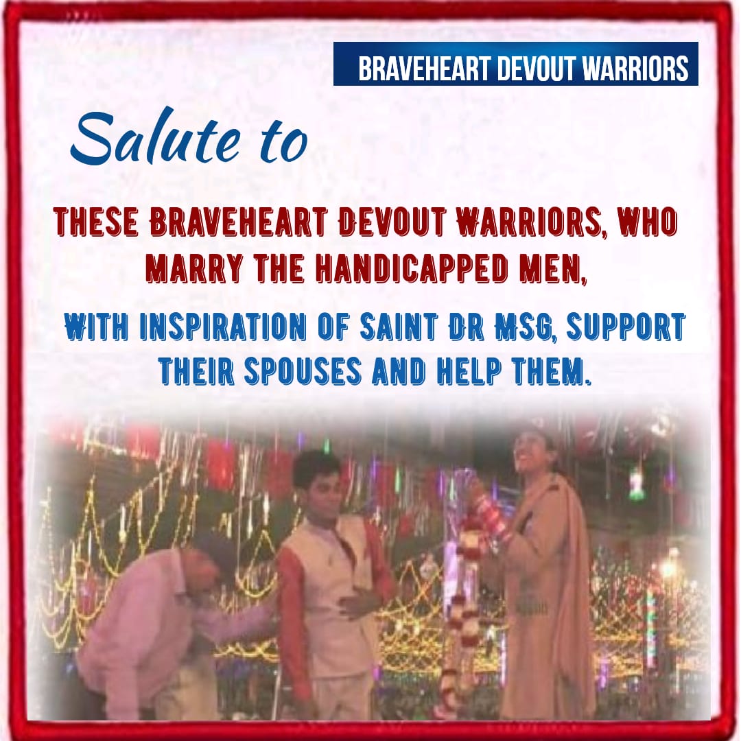 VanduRahal's tweet photo. #TheBraveWomen
Braveheart Devout Warriors' is the special name given by Saint Dr Gurmeet Ram Rahim Singh Ji Insan to those resolute girls who have pledged to marry the physically challenged men &amp; support them throughout their lives. https://t.co/vrriYY7T9N