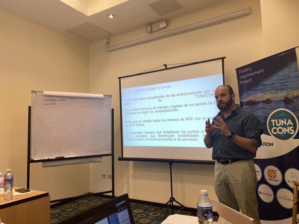 TUNACONSorg's tweet photo. Today in our FIP MEETING, Mr. Fernando Fierro from Ibarra’s North University shows the investigation progress about the #EcoFADs materials.   

Let's collaborate together for a healthy ecosystem 🐟🌊🔰 https://t.co/wLiruVEu5M
