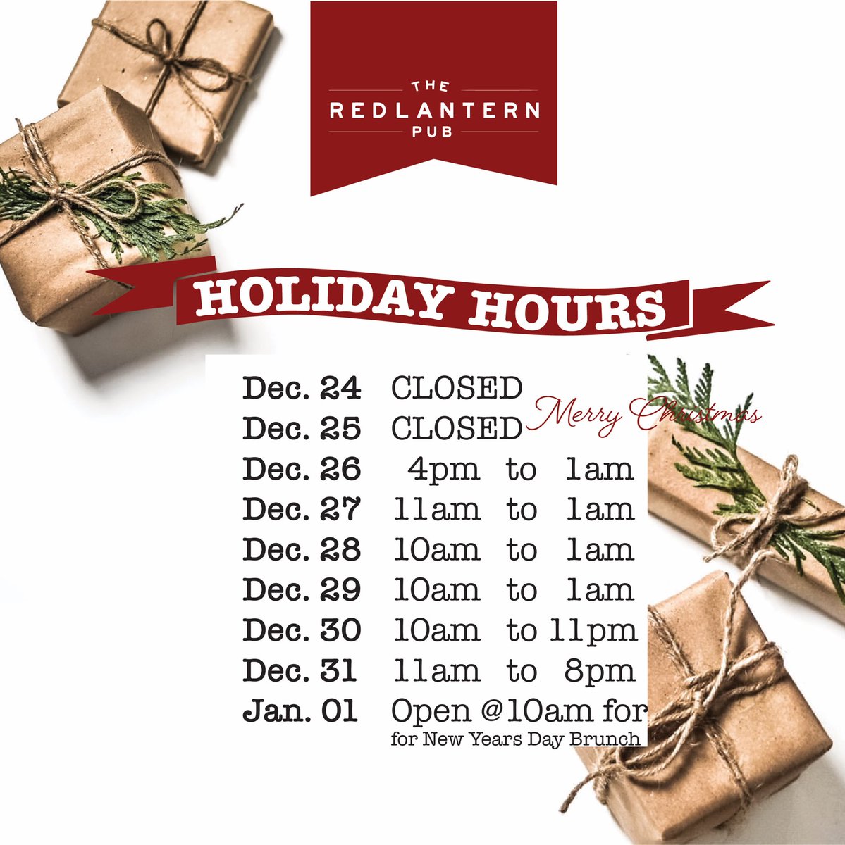 redlanternpub's tweet photo. New Holiday Hours to end off the year!🍻 https://t.co/qfTpZ5bzM4