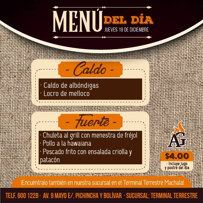 DAngeloGrill's tweet photo. Un jueves lleno de sabor y deliciosa gastronomía. 🤤
Te esperamos en la Av. 9 de Mayo e/. Pichincha y Bolívar y también en Terminal Terrestre de Machala.
.
.
#DAngeloGrill #Machala #Menú #Jueves #RestauranteMachala https://t.co/iAkoZ0vPmY