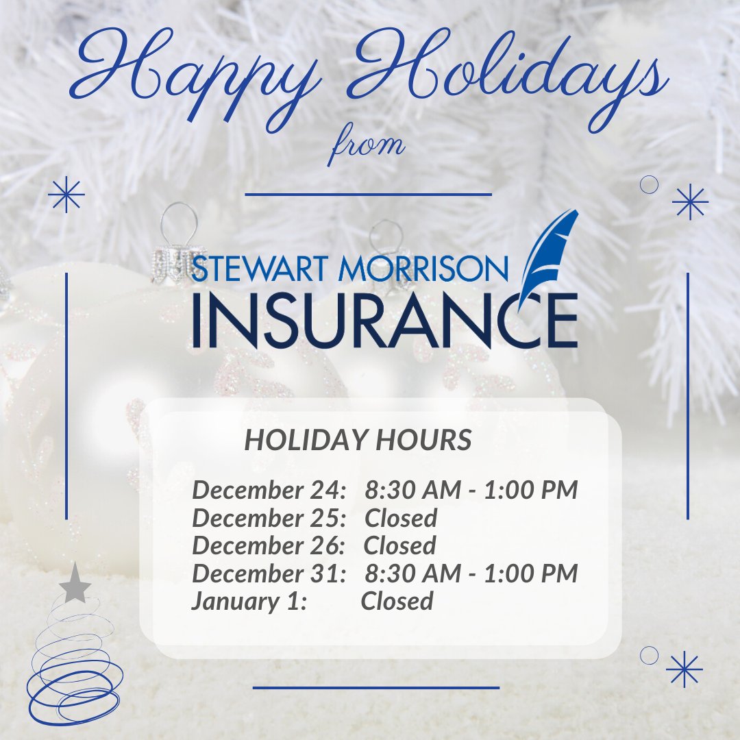 SMIBrokers's tweet photo. From the #SMITeam, we wish you a Happy Holiday and prosperous New Year!
✨Please note, the #SMI offices holiday hours. We apologize for any inconvenience.
If you have an emergency claim, please visit: https://t.co/HfkzNPRto4
#HappyHolidays #OfficeClosure https://t.co/HNu3CY2RvE