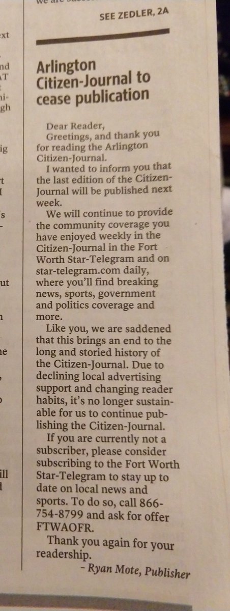Arlington Citizen-Journal bites the dust. Looks like copying our content without credit only carries you so far...<a href="/startelegram/">Fort Worth Star-Telegram</a>