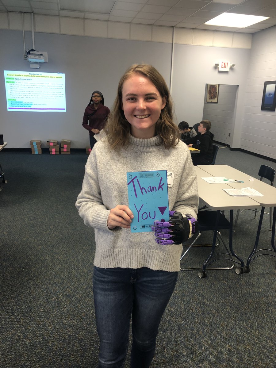 KristinDages's tweet photo. #HandsofGratitude is at @HMSExplorers today during Service Learning class w/ @MsHohenfeld. Grace (and Lily, her sister) talks about her challenges &amp; perseverance while growing up. HMS printed her 3D prosthetic in-house; thank you for your visit today! #inspiring #grit @lulzbot3D https://t.co/2ormYnxBYy