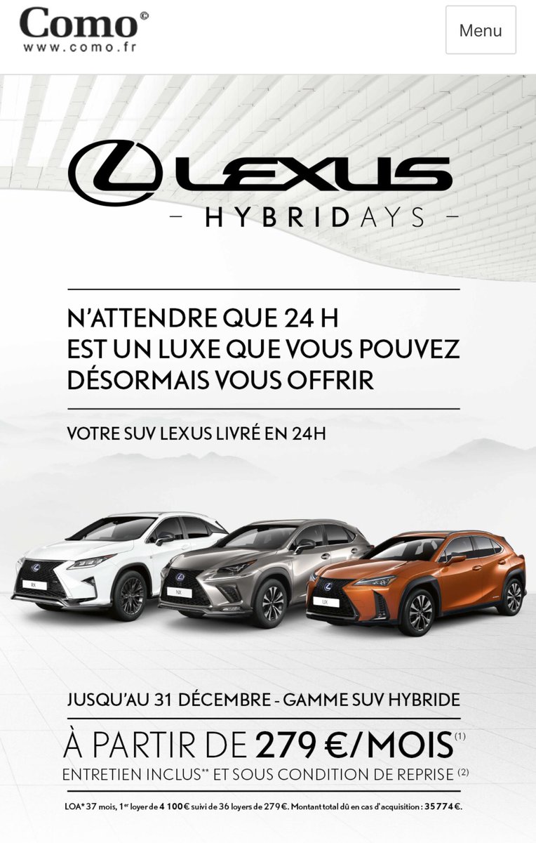 ComoLexus's tweet photo. Pendant les fêtes, Como Lexus vous livre votre SUV Hybride en seulement 24H ⚡️ -  Nous vous invitons à suivre ce lien afin d’être mis en relation avec un de nos conseillers Como:

https://t.co/z4Wy2xdPQ7

 #ComoLexus #LexusParis #hybrid #RX #UX #NX #Lexus #Xmas #LexusHybridays https://t.co/EAtOv4Z238