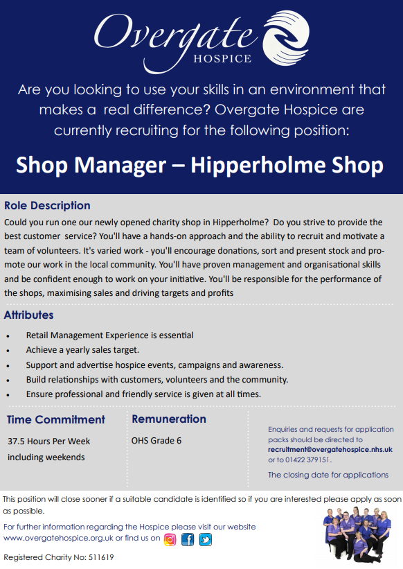 OvergateHospice's tweet photo. We are looking for a Shop Manager to take the reins at our newest charity shop in Hipperholme! Do you have a passion for fashion and want a job that makes a real difference to local people? Then this could be the job for you...

https://t.co/tKTHrQtiJZ https://t.co/8yfrstdW3X