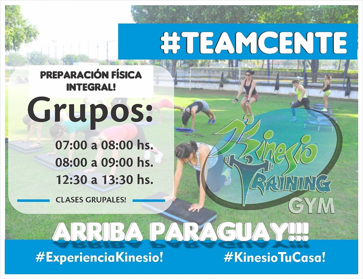 kinesiotraining's tweet photo. CLASES GRUPALES DE PREPARACIÓN FÍSICA INTEGRAL!
#TeamCente!
#Teamlas7!
#Teamlas8!
#Teamlas12!
ARRIBA PARAGUAY!!! https://t.co/C8mg4GLZxZ