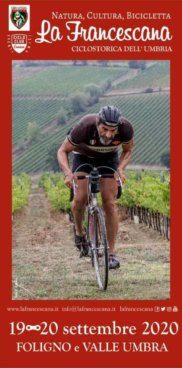 La Francescana, VI Ciclostorica dell'Umbria, XI Tappa del Giro d'Italia d'Epoca, Evento Amico Ciclo Club Eroica, ti aspetta a Foligno e in Valle Umbra il 18, 19 e 20 settembre 2020.
m.facebook.com/story.php?stor…
#lafrancescana #ciclostorica #umbria
