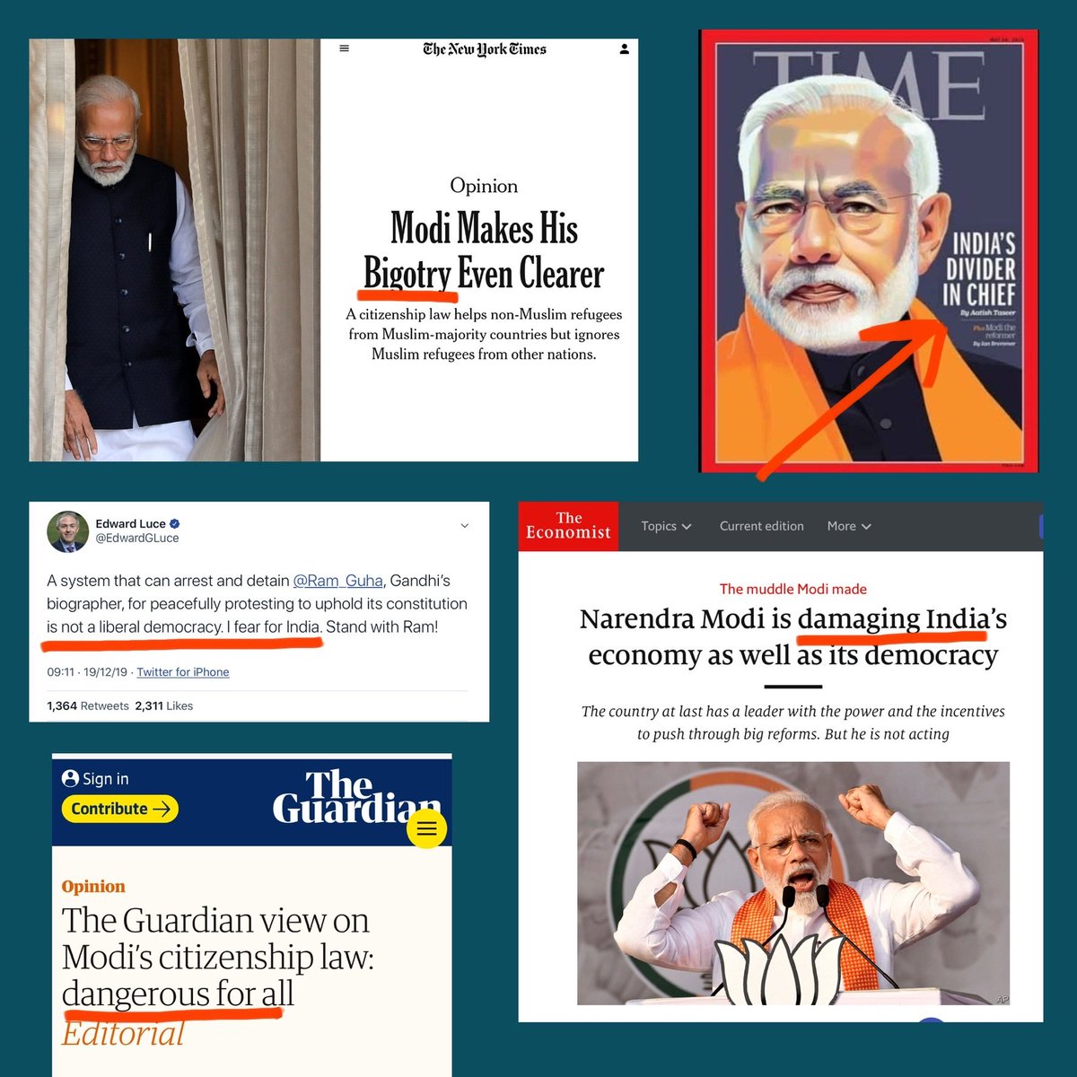 dhruv_rathee's tweet photo. New York Times
TIME Magazine
The Guardian
The Financial Times
The Economist
Washington Post

These are few of the World's Most Reputed Newspapers. All of them are saying the same thing - Modi has destroyed India. 

When will Bhakts wake up? https://t.co/JAMnClsbAa