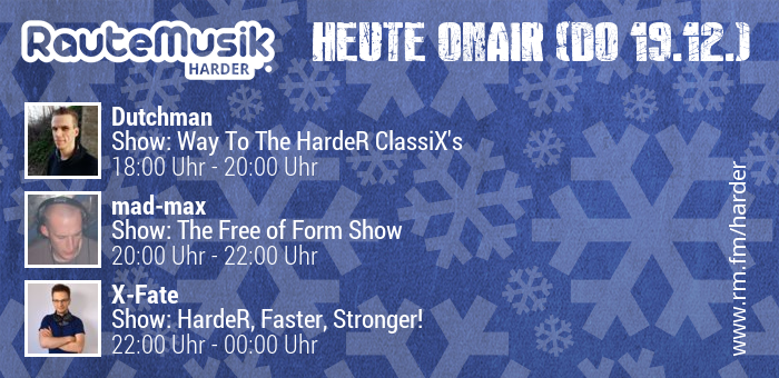 HardeR_RM's tweet photo. Unser heutiges Abendprogramm.
Heute mit @DutchmanDJ, mad-max &amp; X-Fate
Nicht verpassen!
#rautemusik #harder #music #musik #hardstyle #rawstyle #streaming #webradio #internetradio https://t.co/XRpxEoTafv