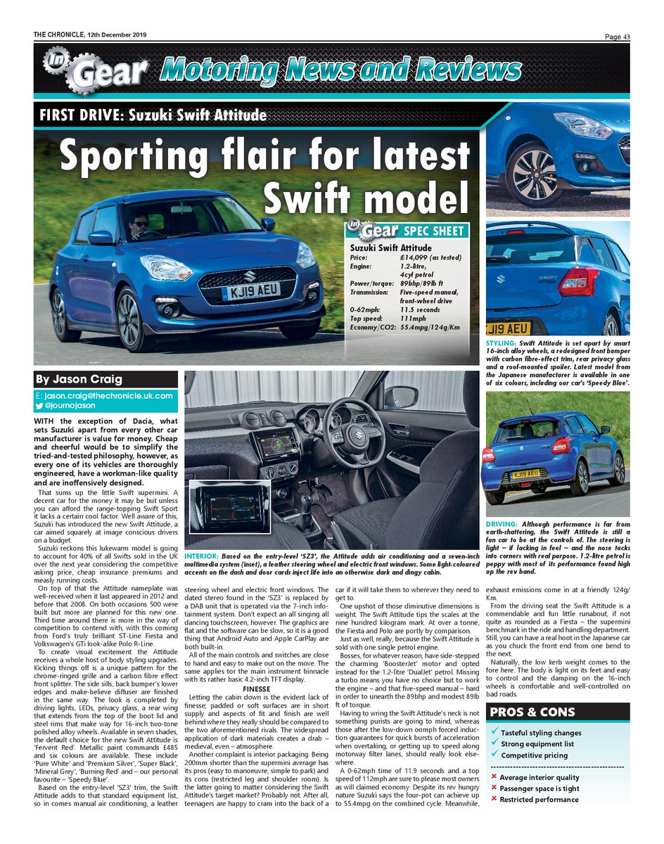 InGearCars's tweet photo. @JaguarUK @JaguarUKPR We also got behind the wheel of @SuzukiCarsUK's new Swift Attitude recently. Summing up it's an honest and fun-to-drive little supermini. #InGear https://t.co/4GXVjOgYHs