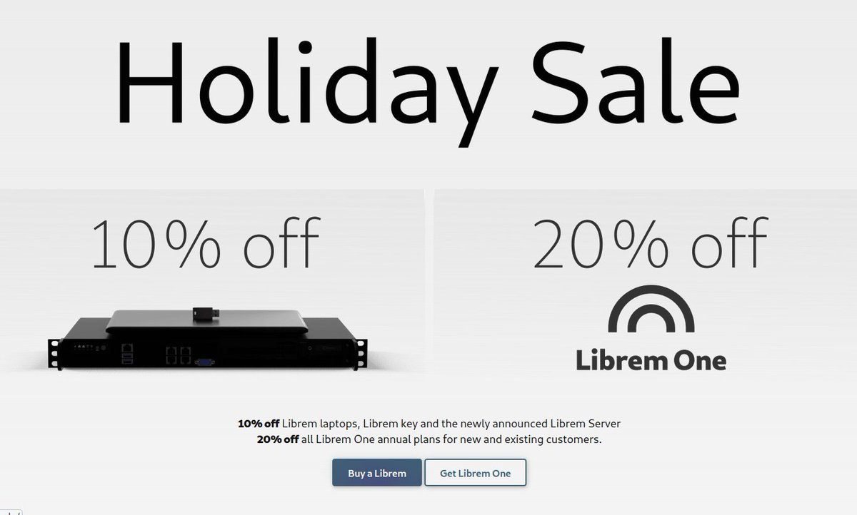 Puri_sm's tweet image. Looking for a holiday treat? Get 10% off Librem laptops, USB keys and the new Librem Server and 20% off annual Librem One plans in our Holiday #Sale puri.sm/posts/holiday-… #Purism #Librem #LibremServer #LibremOne