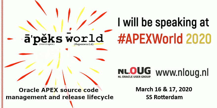 PrzemekKantyka's tweet photo. My session: "APEX source code management and release lifecycle" has been selected for APEX World 2020!
That is an honour and pleasure. Thank you @nl_OUG !
#apexworld20 #orclapex #apexworld2020 #Oracle #APEXworld https://t.co/2x4Ms4ziMC
