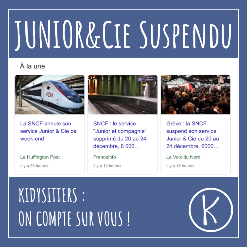 #Junior&amp;Cie le service d'accompagnement d'#enfant de la #SNCF est suspendu jusqu'à #Noël. Pensez à tester des alternatives pour faire #voyager vos #enfants : utilisez <a href="/KidyGo/">KidyGo</a>.