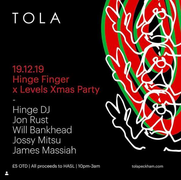 Hinge Finger (@hingefinger) on Twitter photo Hinge X <a href="/___LEVELS/">LEVELS Recordings</a> Xmas party at Tola in Peckham tonight ! Special guests and hinge levels regulars providing the music. Fiver on the door and all proceeds go to Housing Action Southern & Lambeth x
facebook.com/events/5025136…
<a href="/TheTrilogyTapes/">The Trilogy Tapes</a> <a href="/jonrust/">JON RUST</a> <a href="/jossymitsu/">jocelyn</a> <a href="/JamesMassiah/">James Massiah</a> Hinge X <a href="/___LEVELS/">LEVELS Recordings</a> Xmas party at Tola in Peckham tonight ! Special guests and hinge levels regulars providing the music. Fiver on the door and all proceeds go to Housing Action Southern & Lambeth x
facebook.com/events/5025136…
<a href="/TheTrilogyTapes/">The Trilogy Tapes</a> <a href="/jonrust/">JON RUST</a> <a href="/jossymitsu/">jocelyn</a> <a href="/JamesMassiah/">James Massiah</a>