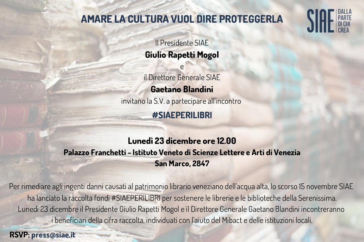 Venezia, il 23 dicembre Siae consegna fondi raccolta '#Siaeperilibri' tinyurl.com/w3hzvsl