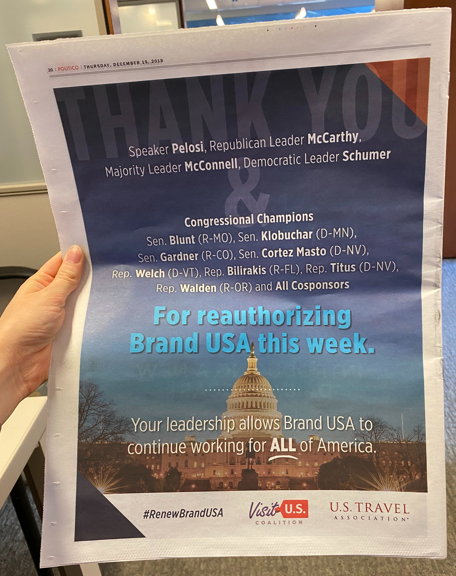 Did you catch our big thank you to Congress in today’s POLITICO? Thank you to <a href="/SpeakerPelosi/">Nancy Pelosi</a>, @GOPLeader, <a href="/SenSchumer/">Chuck Schumer</a>, and @senatemajldr for your leadership to #RenewBrandUSA this year!