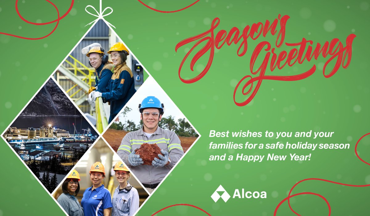 Alcoa's tweet photo. From our family to yours, have a safe and happy holiday! #happyholidays #seasonsgreetings #safety #bauxite #alumina #aluminum #aluminium #elementofpossibility https://t.co/QijZUxA8CY