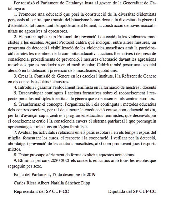 cupnacional's tweet photo. 🔴 El @parlamentcat ha aprovat la proposta de la CUP on s'insta al @govern a eliminar pel curs 2020-2021 els concerts educatius amb totes les escoles que segreguin per sexe https://t.co/yXZ9atc0wu