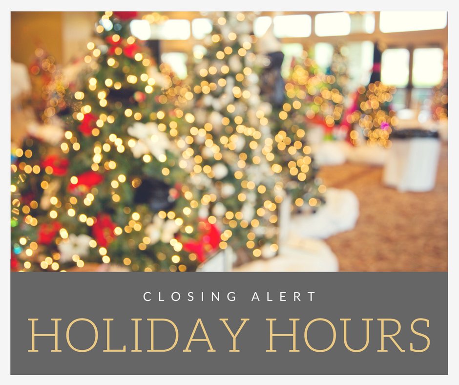 Hey there fannies!  Just wanted to take a moment and share our holiday hours with you once more!  

Christmas Eve - 8AM-1PM
Christmas Day - Closed
New Year's Eve - 8AM-3PM
New Year's Day - Closed