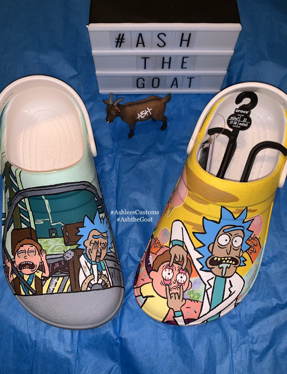 AshtheGoat1_'s tweet photo. Here are a few of the #CustomCrocs I’ve painted. #freehand #handpainted #RickandMorty #Rugrats #Vampirina #Crocs ➡️➡️ #AshleesCustoms #AshtheGoat https://t.co/1MPaqN2Nbh