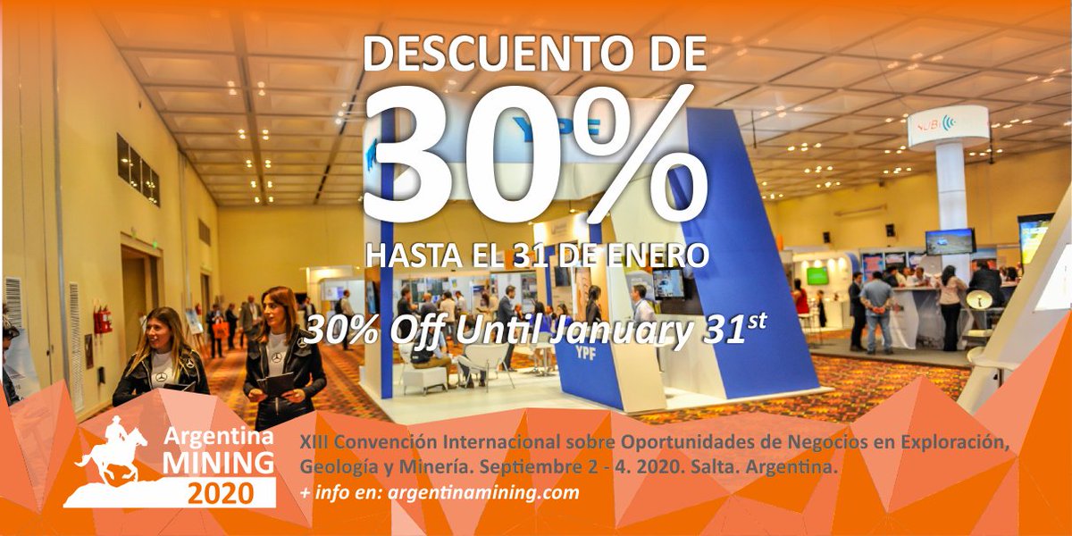 argentinamining's tweet photo. ⚠️Reserve HOY su espacio con precios promocionales de descuento del 30% hasta el 31 de Enero 2020!
Nos preparamos para la mayor exhibición del sector Minero en América Latina-ARGENTINA MINING 2020! #AM2018
Date:2-4 #Setiembre2020 Salta🇦🇷
Contáctenos👉 https://t.co/FhxaWlVdmI https://t.co/ZlW1i9AfVk