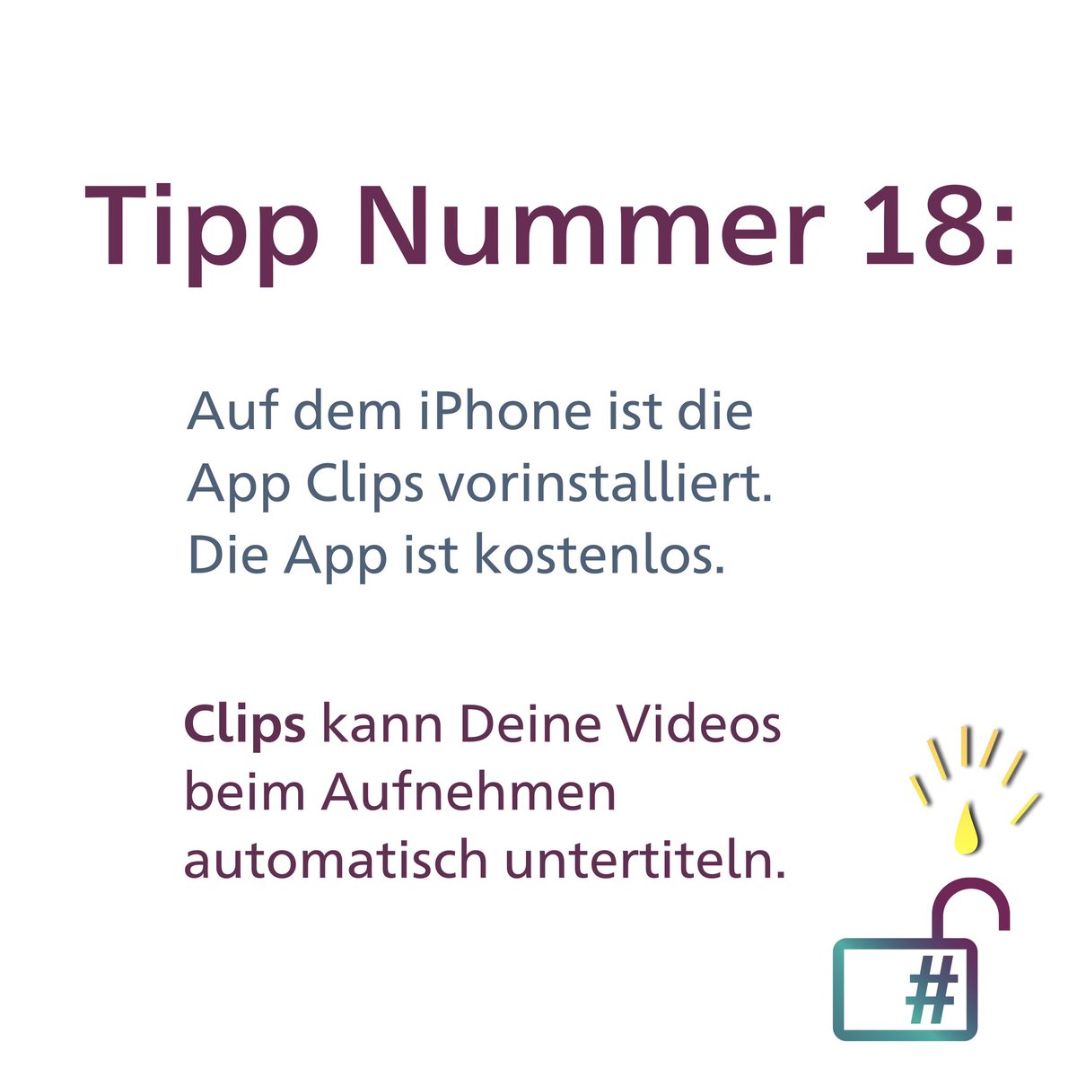 Tipp Nummer 18: Auf dem iPhone ist die App Clips vorinstalliert. Die App ist kostenlos. Clips kann Deine Videos beim Aufnehmen automatisch untertiteln.