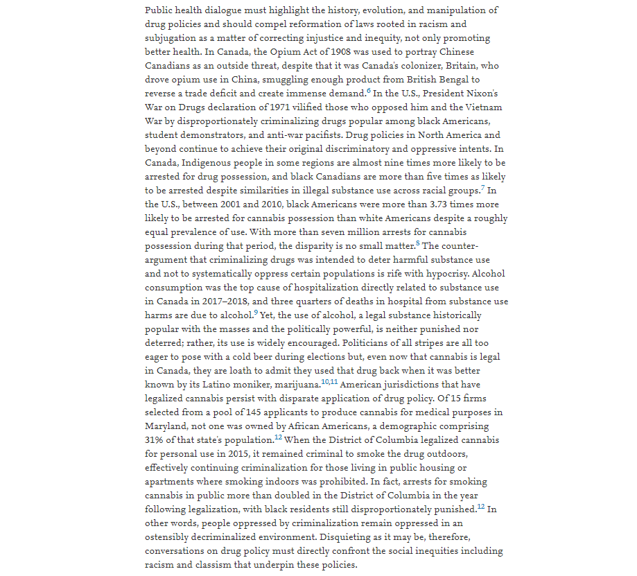 On race:Failing to directly confront structural racism, classism and other inequities that underpin drug policies, "people oppressed by criminalization remain oppressed in an ostensibly decriminalized environment."(Follow  @DrIbram for more on this) /9