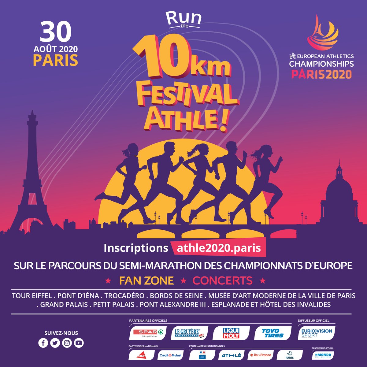 Début des inscriptions au 10km ouvert à tous qui se déroulera le dimanche 30 août 2020 à la suite du semi-marathon des championnats d’Europe et sur le même parcours au coeur de Paris. Glissez-vous dans la peau des meilleurs athlètes ! 
👉🏻Inscriptions : athle2020.paris/10km
